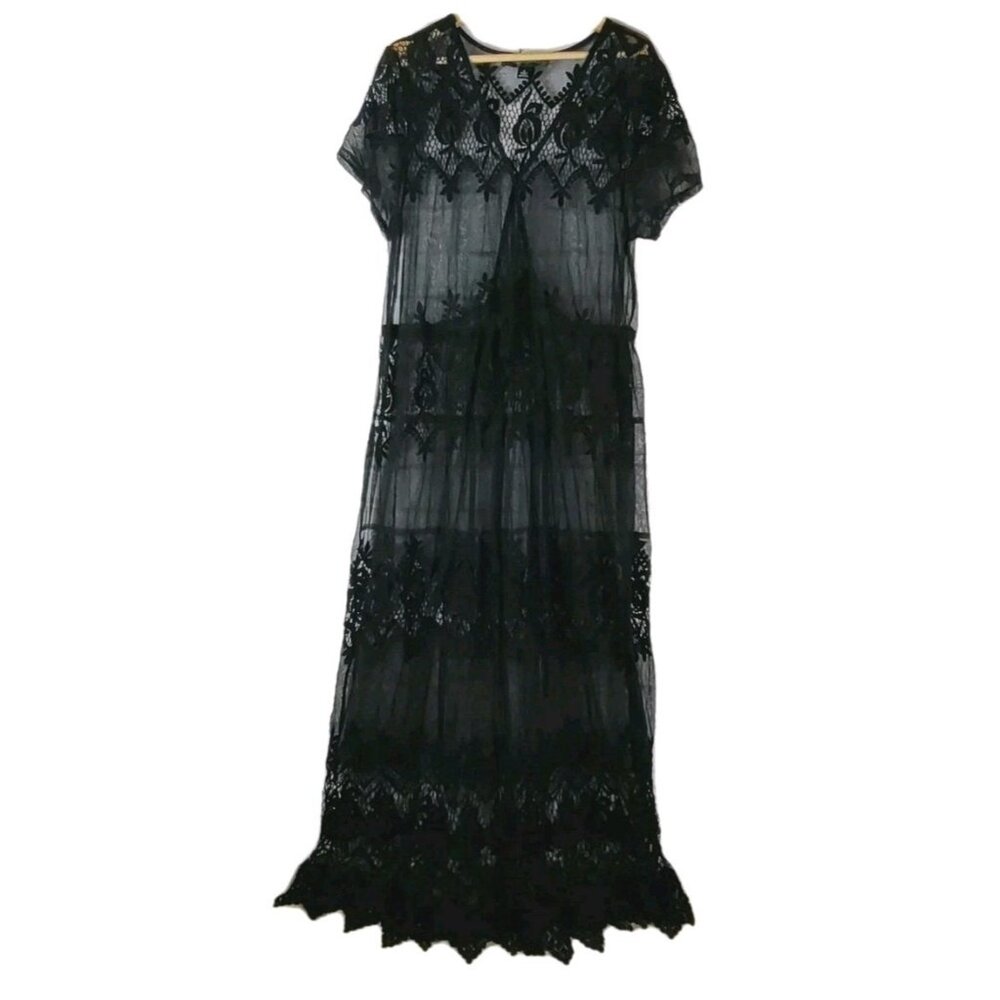 Colleen Lopez Sheer Lace Robe Coverup Lingerie 1X Black Femme Fatale Fairy Goth